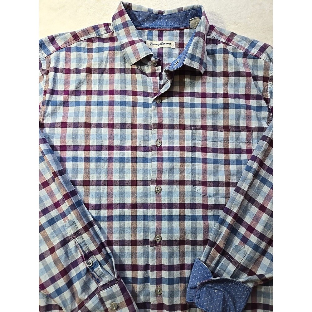 Tommy Bahama Mens Plaid Blue/Purple Flannel Feel button up SZ Large Stretch